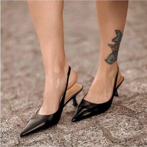 FSJ Black Kitten Heel Slingback Sandal Pointy Toe Pumps Comfortable Dress Shoes